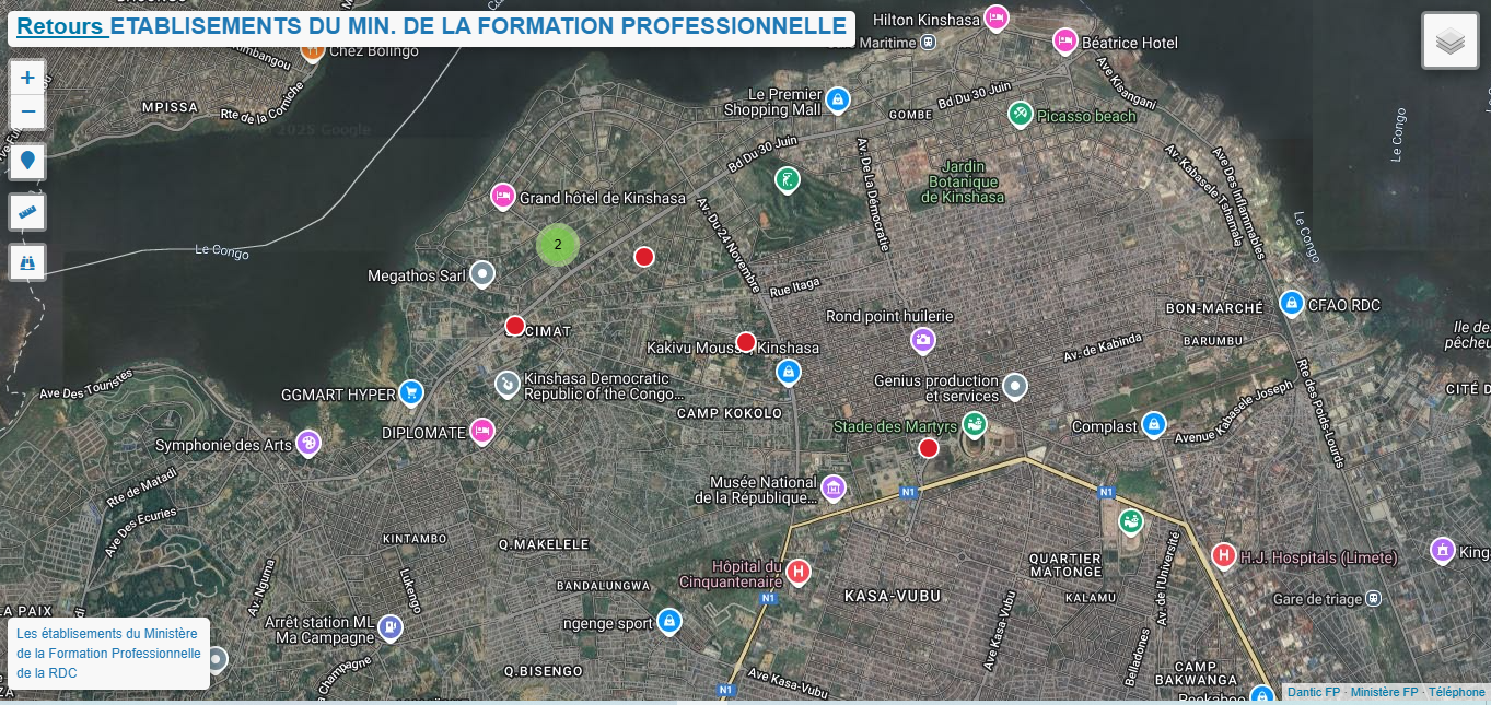 Carte de géolocalisation des établissements de formation professionnelle en RDC
